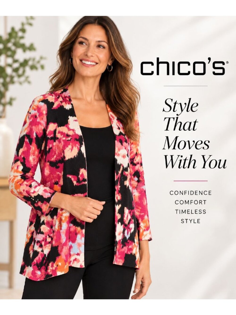 Chico's Cardigan Size 1 M Abstract Floral Open Front Cotton Blend Pink Orange
